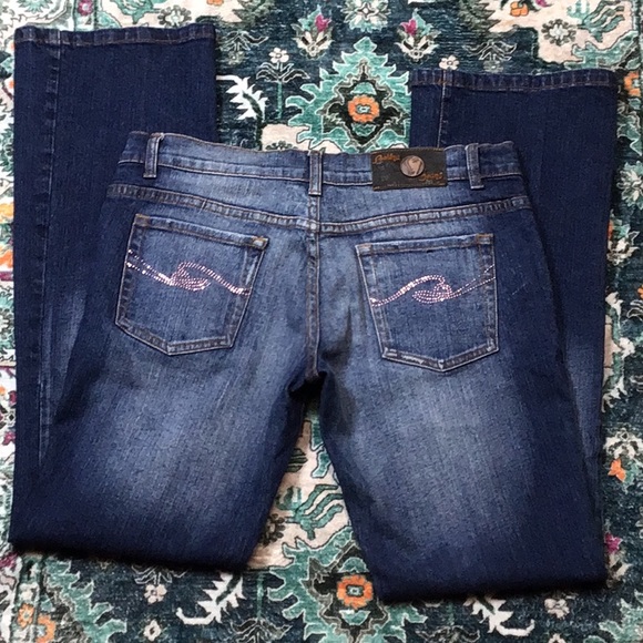 Bebina Jeans Denim - Bebina Jeans Indigo Low Rise Flair Rhinestone Embellished Denim Sz.10